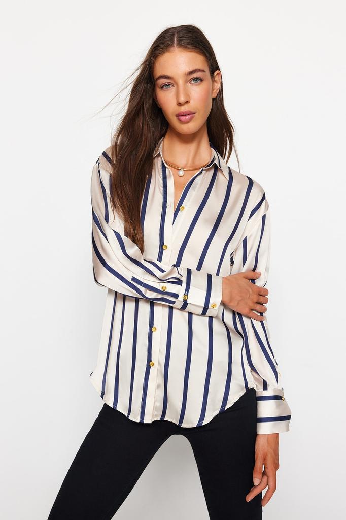 Женская модная новая рубашка в полоску из атласной ткани цвета экрю