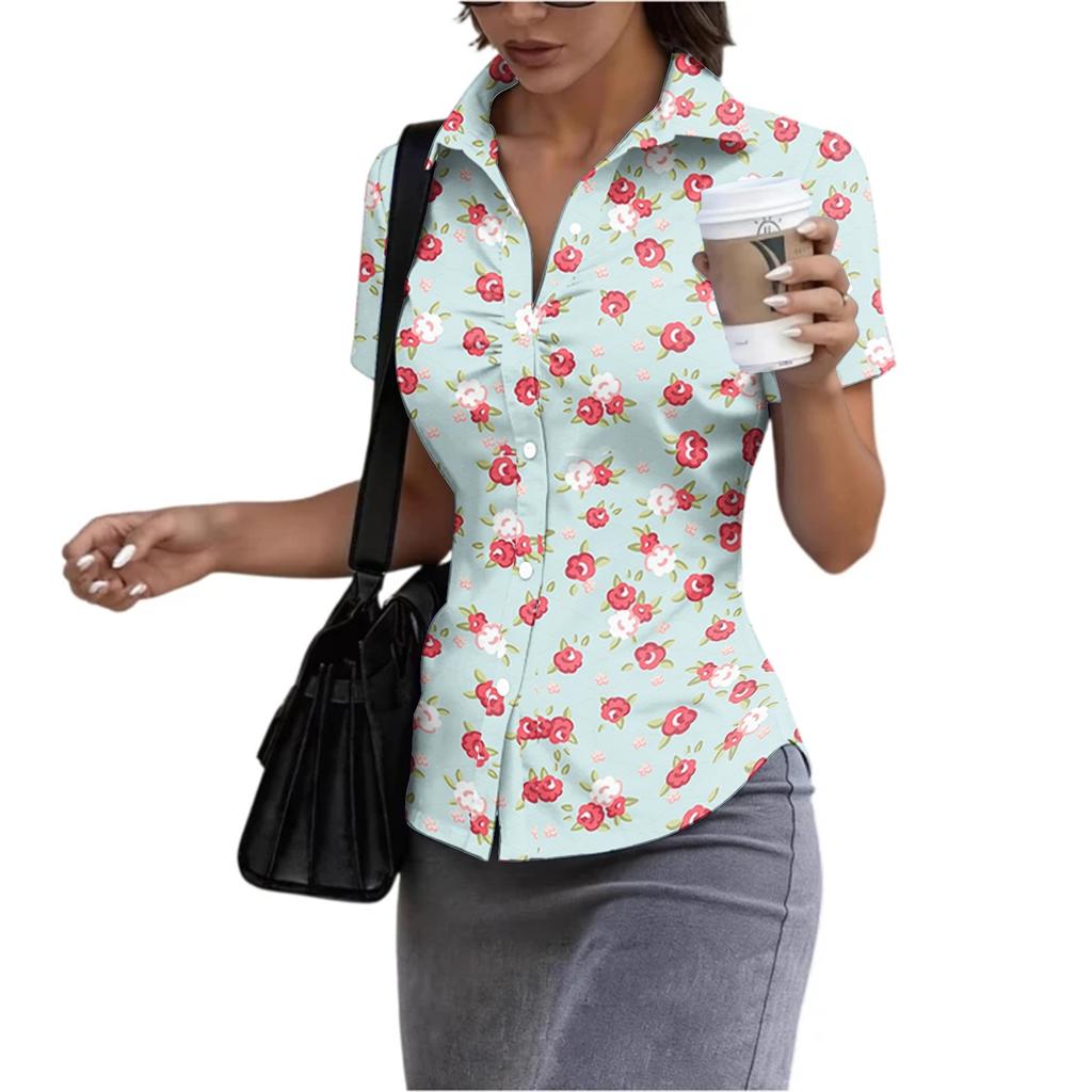 Women's Short Sleeve Button Down Shirt Slim Fit Collared Blouse Lightweight Casual Workwear Top for Summer