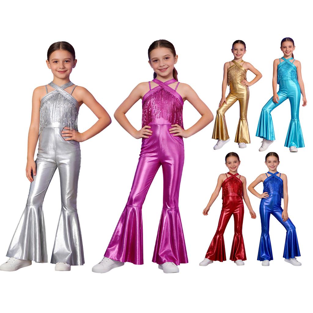 Kids Metallic Disco Dance Bodysuit: Sleeveless Sequins Tassels Jumpsuit with Back Invisible Zipper & Flared Pants