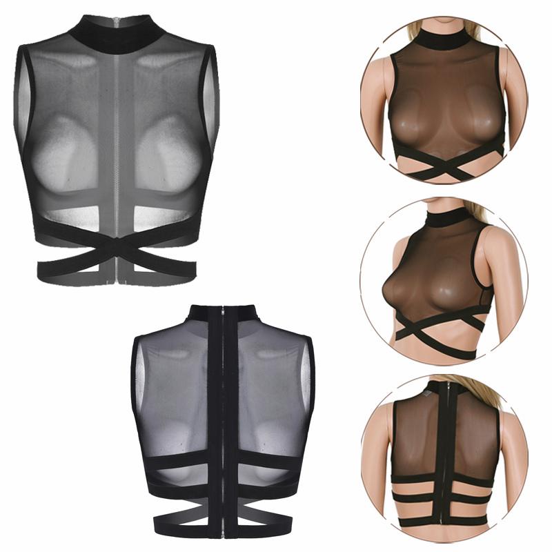 Womens Sexy Sleeveless Sheer Mesh Tank Tops See-through Criss Cross Tees Crop Top Clubwear