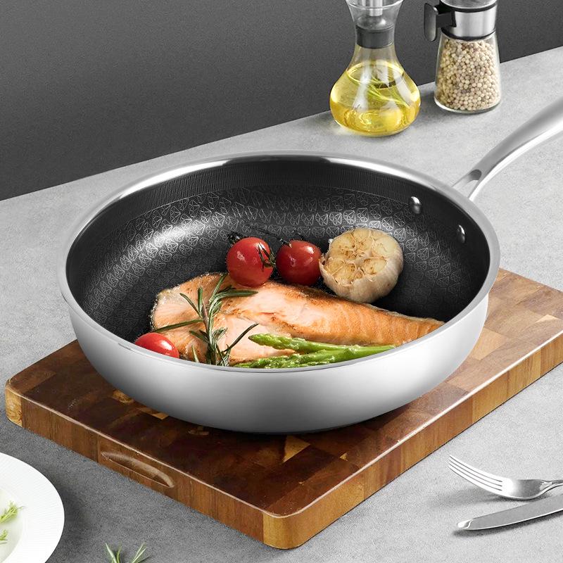 Non-Stick Honeycomb Cookware Set: Wok & Flat-Bottomed Pan, 304 Stainless Steel, Coating-Free.