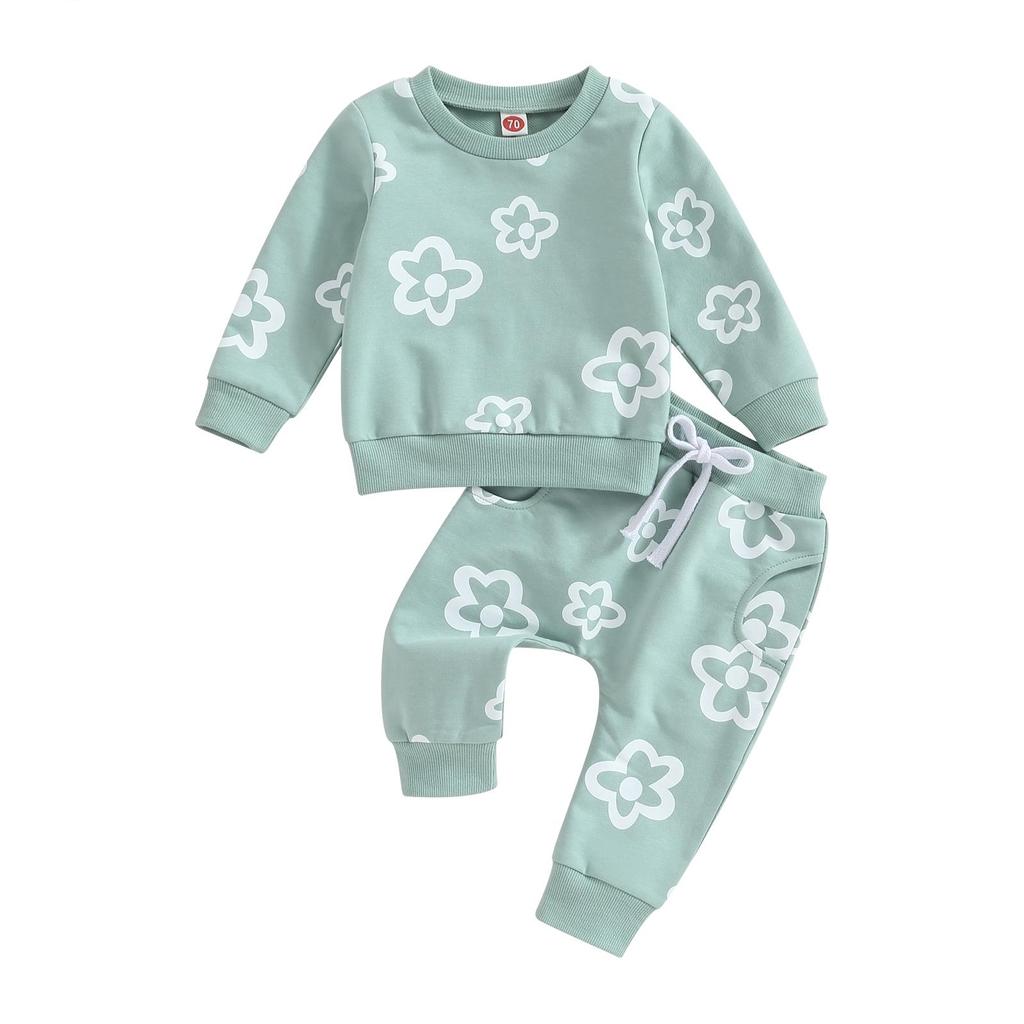 Baby Girls 2-piece Outfit, 6 12 18 24 Flower Print Long Sleeve Crew Neck Sweatshirt with Elastic Waist Sweatpants Fall Clothes