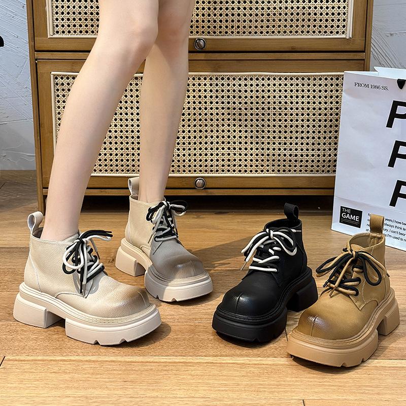 Ботильоны на толстом каблуке с толстой подошвой, женские осенние модные повседневные ботинки в стиле ретро для женщин, кожаные короткие ботинки из искусственной кожи со шнуровкой, Botas