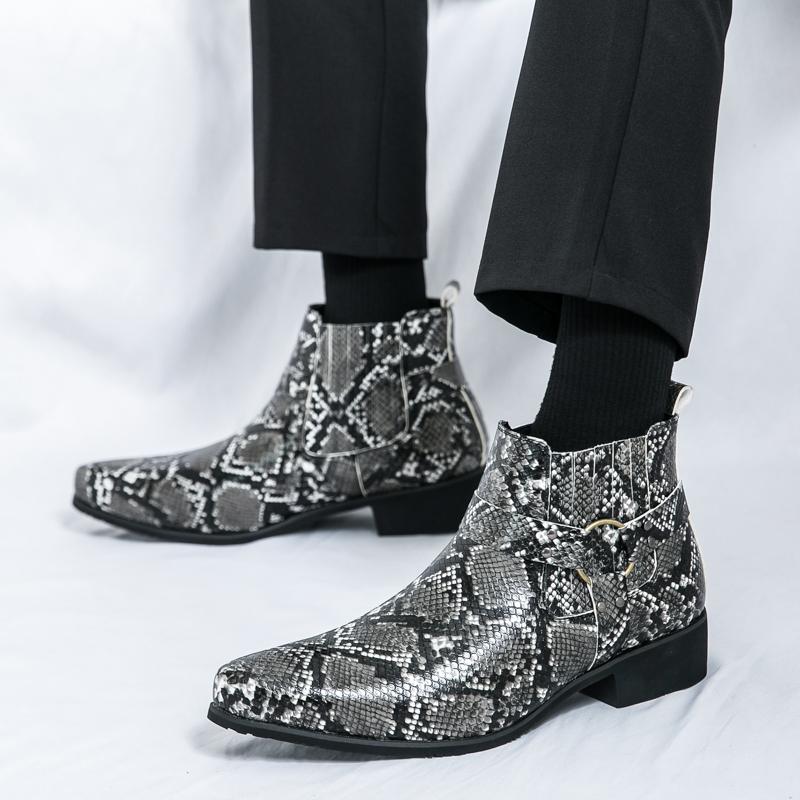New Fashion Designer Winter High Tops Pointed Chelsea Ankle Boots For Men Snake Pattern Slip On All Match Shoes Zapatos Hombre