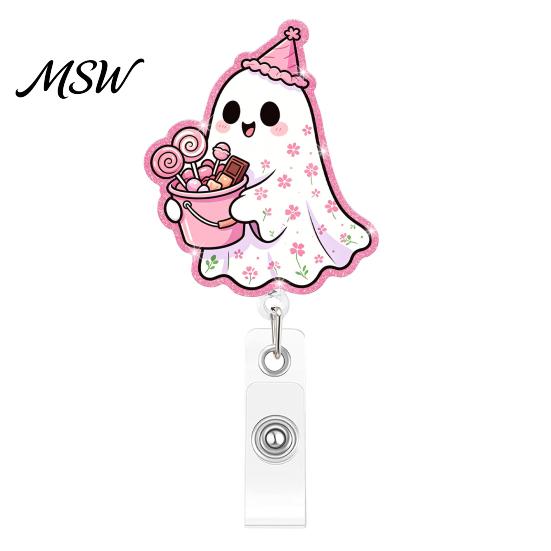 Decorative Badge Holder for Nurses Halloween Ghost Reel, Glitter Acrylic Retractable Clip, Cute Pink Transparent Clip ID Name Women Nurse Teacher