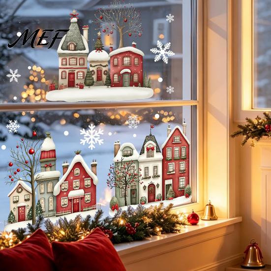 Static Glass Stickers Christmas Window Clings, Snowy Town House Snowflake Decals, Reusable Festive Winter Decals Xmas Stickers, Holiday Decor for Home