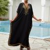 Пляжные накидки, черные кафтаны с вышитыми цветами и воротником-стойкой для женщин, праздничные купальные костюмы больших размеров
