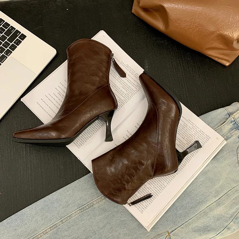 Женские тонкие ботильоны, модные элегантные туфли с острым носком из мягкой кожи, на тонком высоком каблуке, осень-зима, женские короткие ботильоны Morder