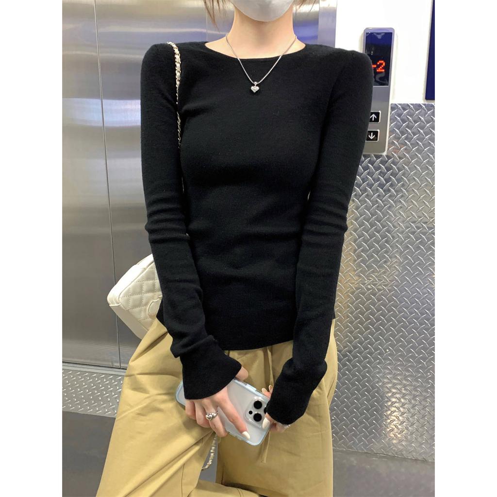 Базовая нижняя рубашка женская осенне-зимняя внутренняя свитером с круглым вырезом прилегающая и тонкая с длинным рукавом мягкий восковой вязаный свитер топ