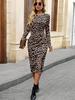 Платье с леопардовым принтом Осень Зима Элегантное однотонное платье с длинным рукавом для женщин