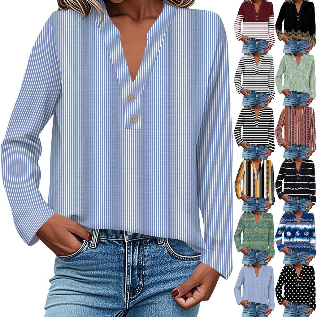 Women's Fashionable And Casual Shirt Long Sleeve V-neck Button Printed Blouse Top