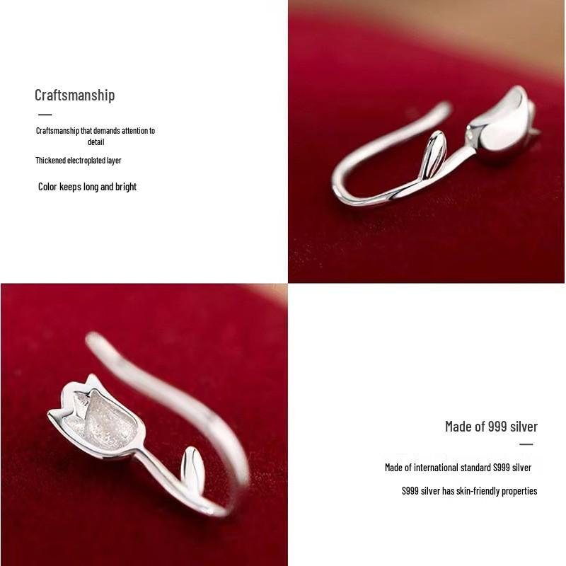 Серьги-каффы из цельного стерлингового серебра S999 в виде цветка тюльпана и розы, корейский стиль, женские украшения