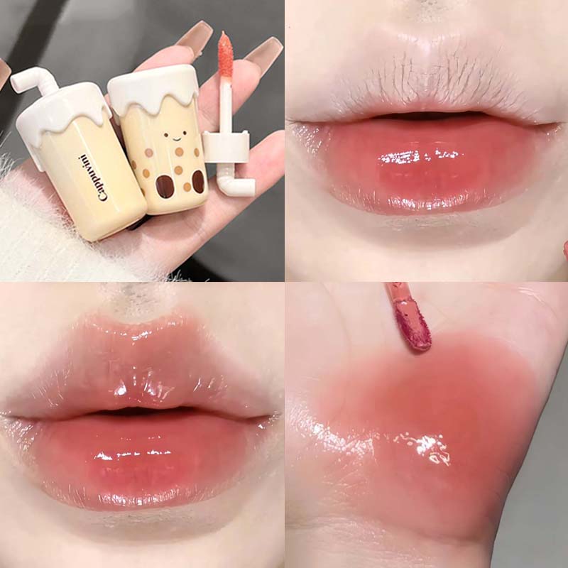 Cute Milk Tea Cup Shaped Pink Water Light Lip Gloss Long-lasting Non Fading Mirror Juice Dyeing Lip Tint for Women Makeup Korean