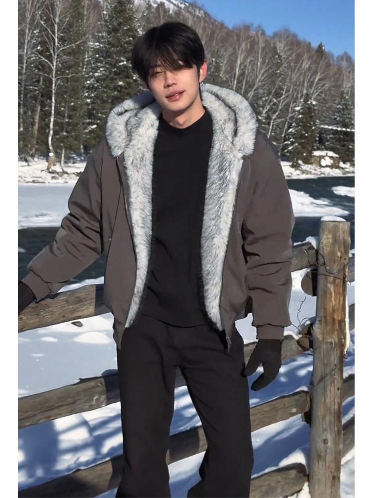 Мужская зимняя куртка с капюшоном "Король Полярных Волков" с густым мехом норки и большим воротником, утолщенная хлопковая верхняя одежда с подкладкой из бархата