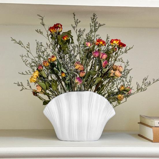 White Vinyl Shell Flower Vase Modern Pleated Flower Holder Container Home Office Table Centerpiece