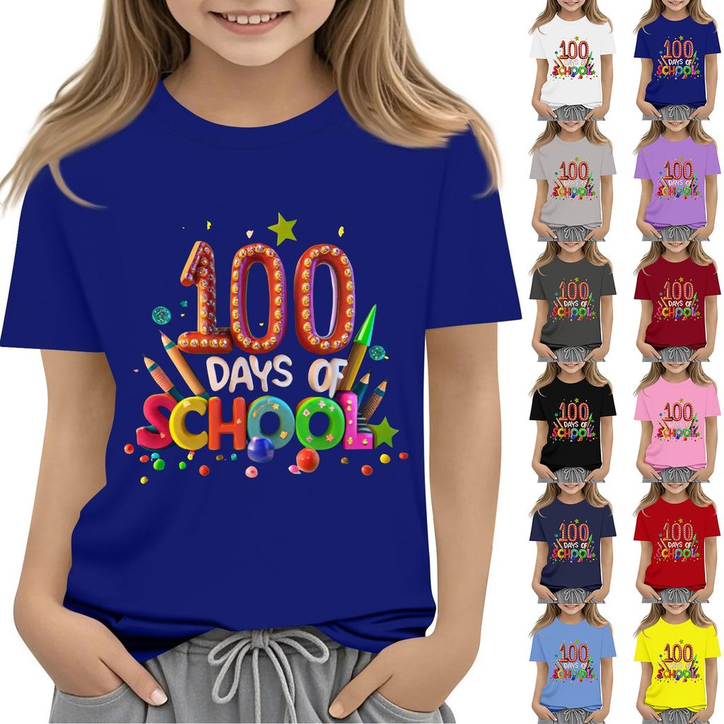 Happy 100th Day Of School Girls Boys Short Sleeve T Shirts Kids Tops Crewneck Tees