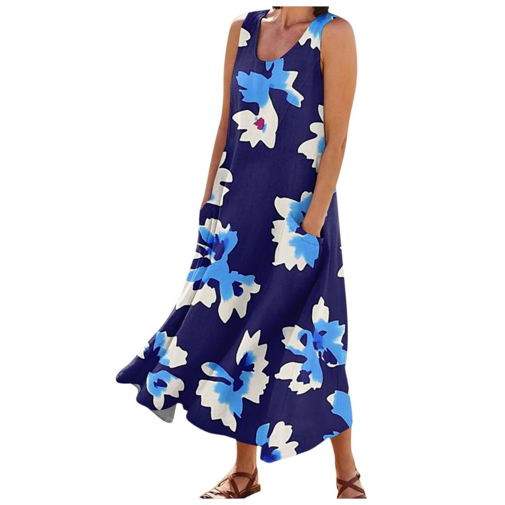 Женские модные летние повседневные платья без рукавов с цветочным принтом и маленькими карманами