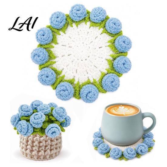 Botanical Room Decoration Crochet Flower Bouquet Coaster Handmade Knit Rose Mug Mat Transforms Into Bouquet 2-in-1 Decorative Plant Pot Display