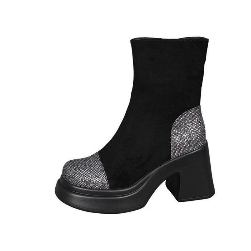 Женская обувь 2024 года, высококачественные женские ботинки с боковой молнией, модные современные ботинки с пайетками, женские ботильоны с круглым носком, горячая распродажа, Zapatos