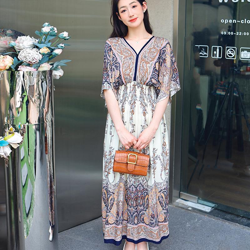 Женское повседневное платье с цветочным принтом и V-образным вырезом, неровный тон, повседневное, с круглым вырезом, длинное