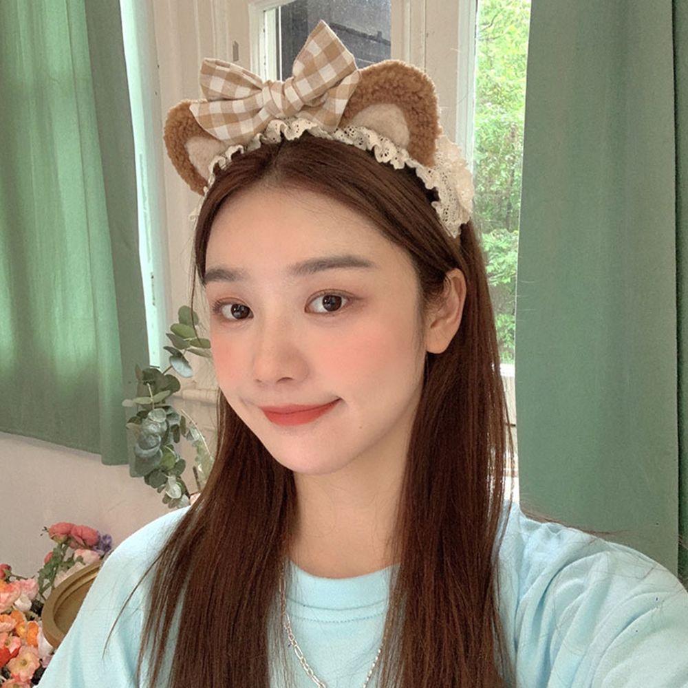 Plush Headdress Wash Face Plaid Bow Women Accessories Korea Style Headband Cat Ears Lace Hair Band
