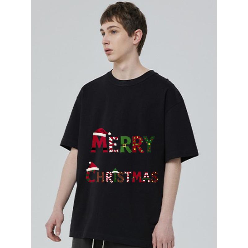 Рождественская футболка черная Merry Christmas узор с шапкой Санты и леденцом тростью праздничная одежда для вечеринки