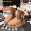 Замшевые женские зимние ботильоны на платформе, меховые короткие плюшевые туфли на среднем каблуке из хлопка, тренд 2025 года, зимние теплые повседневные нескользящие ботинки Mujer