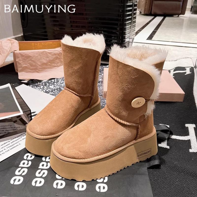 Замшевые женские зимние ботильоны на платформе, меховые короткие плюшевые туфли на среднем каблуке из хлопка, тренд 2025 года, зимние теплые повседневные нескользящие ботинки Mujer