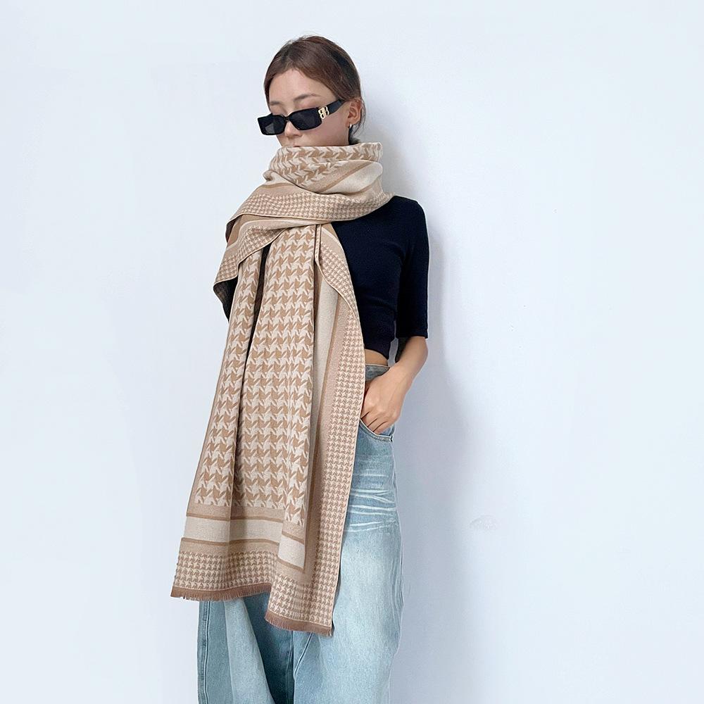 Autumn and Winter Warm Scarf Women's Imitation Cashmere Double-sided Thousand Bird Grid Temperament Versatile Scarf Long Enlarged Shawl