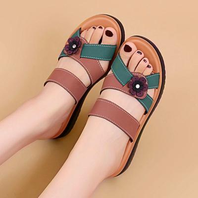 Мамины тапочки женские летние 2024 для среднего и пожилого возраста на плоской подошве нескользящие для пожилых удобные из мягкой кожи для среднего возраста прохладные тапочки