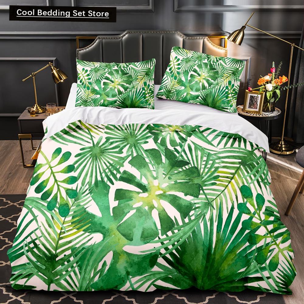 Тропические растения Цветочный пододеяльник King Queen Комплект постельного белья с зелеными пальмовыми листьями Кремовые цветы 2/3 шт. Полиэстеровый пододеяльник