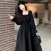 French Style Loose Fit Black Dress With Knit Fabric And Hood For Casual Women
