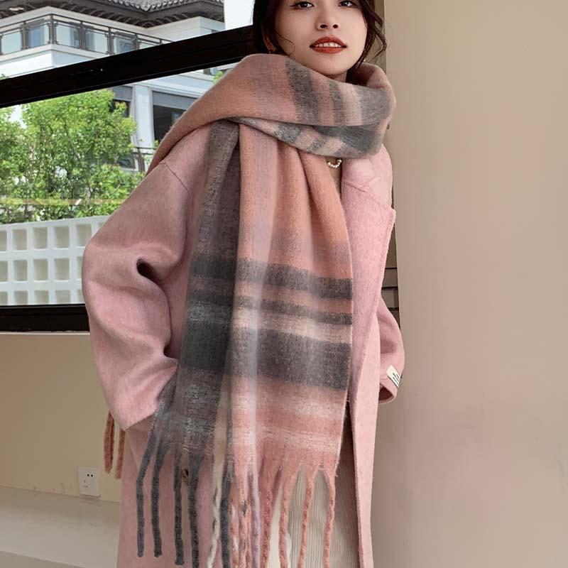 Winter New Scarf Women's Winter Thickened Warm Scarf Colored Plaid Fringed Scarf Shawl Fashionable Outer Cover