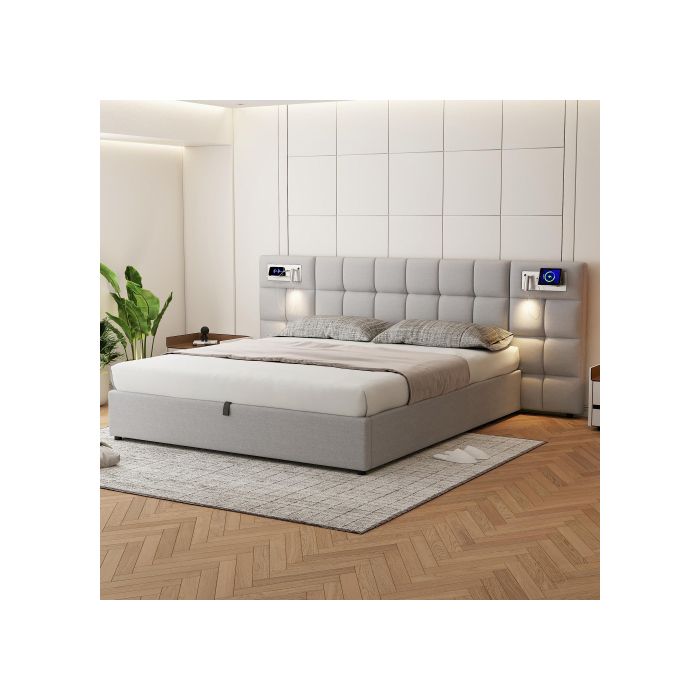 Lit hydraulique - MUVOE - 180 x 200 cm - Port USB - Chargeur sans fil - Lumière intégrée