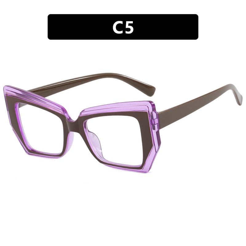 Retro Color-blocking Cat-eye Polygon Anti-Blue Light Women's Eyeglass Frame with Flat Lenses