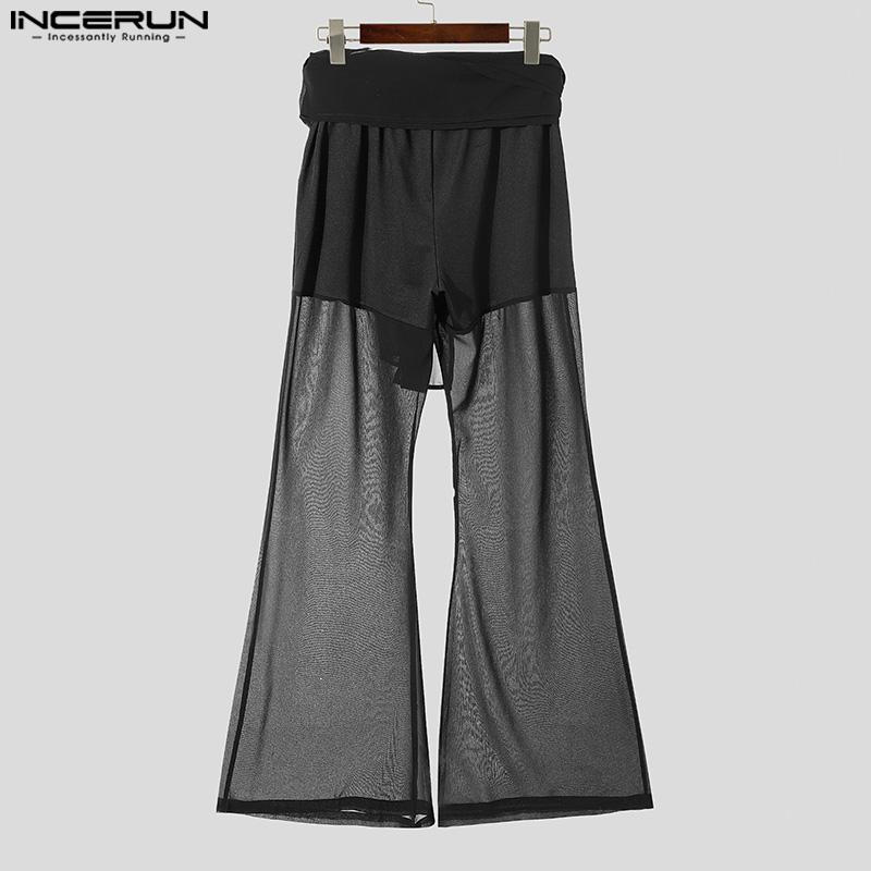 INCERUN Мужские эластичные брюки-бабочки с резинкой на талии, сетчатые, прозрачные, повседневные, длинные, кружевные брюки