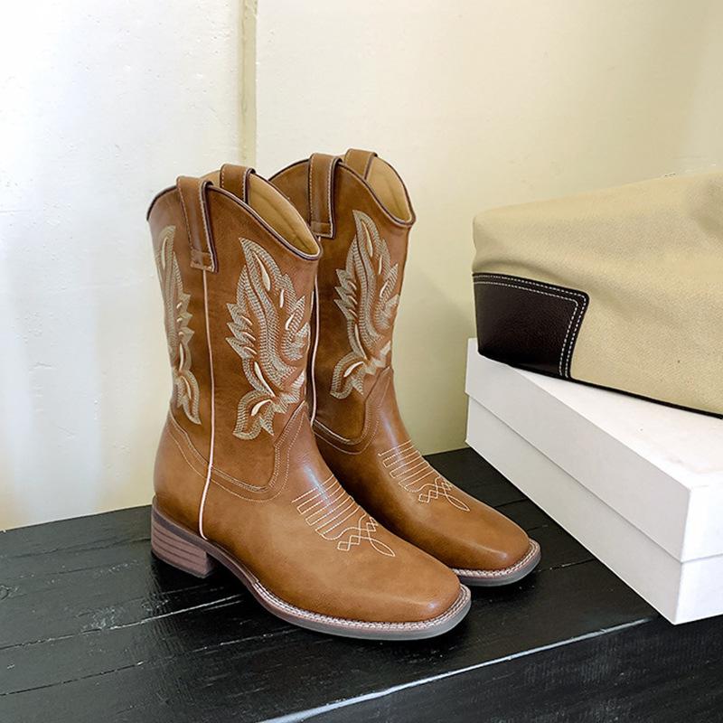Leather Western Cowboy Boots Embroidered Knight Boots Women'S Thick Heel Medium Tube Vintage V-Mouth Square Head Martin Boots
