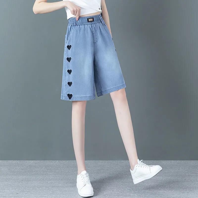 Тонкие джинсовые шорты Tencel, женские летние свободные тонкие брюки с высокой талией, широкие брюки из ледяного шелка с пятью точками