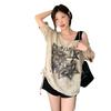 2025 Summer Chic Butterfly Off-Shoulder Women's Distressed Short Sleeve T-Shirt