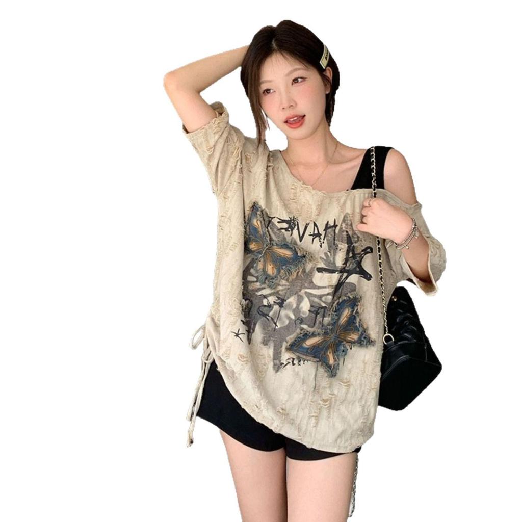 2025 Summer Chic Butterfly Off-Shoulder Women's Distressed Short Sleeve T-Shirt