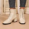 Spliced Front Lace-Up Single Boots Women'S Fashion Square Toe Anti-Slip Wear-Resistant Block Heel Shoe