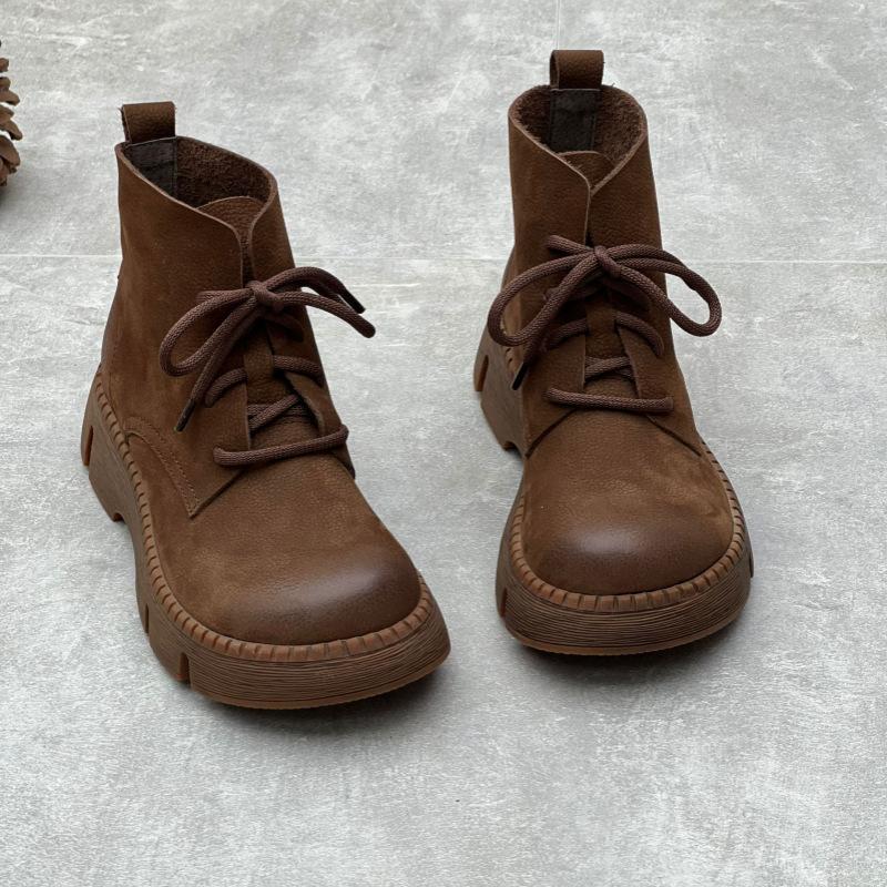 Johnature Vintage Handmade Genuine Leather Thick Sole Short Boots Round Toe Lace Up Cowhide Women's Shoes