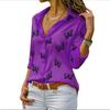 Women Butterfly Print Blouse Turn Down Collar Button Up Chiffon Blouses Solid Color Plus Size Long Sleeve Tops