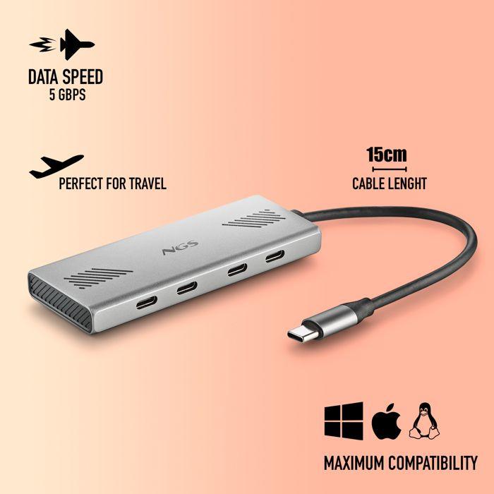 NGS WONDER 4-C : USB-C хаб с 4 портами USB-C, передача 5 Гбит/с, USB 3.0, кабель 180 мм, алюминий