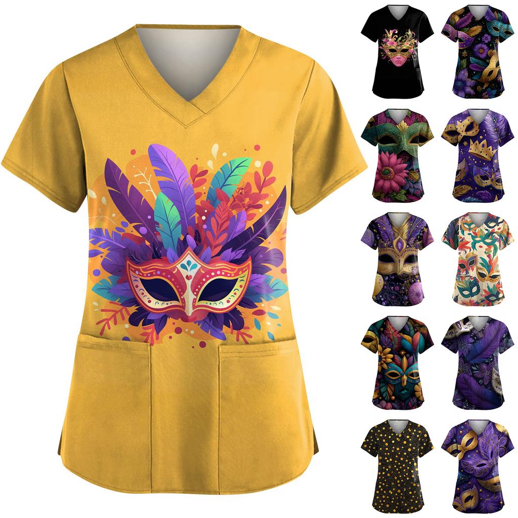 Женская модная рабочая одежда с V-образным вырезом и короткими рукавами, с карманами, топ с карнавальным принтом, униформа для сиделки