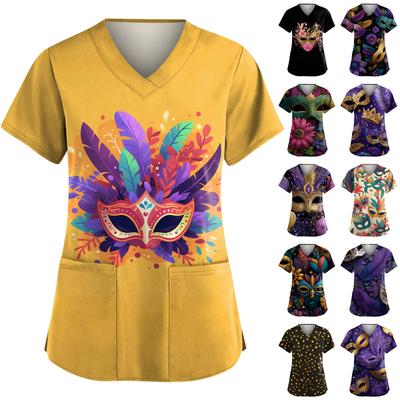 Женская модная рабочая одежда с V-образным вырезом и короткими рукавами, с карманами, топ с карнавальным принтом, униформа для сиделки
