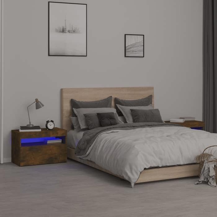 Maison Exclusive - Tables de chevet 2 pcs et lumières LED Chêne fumé 60x35x40 cm