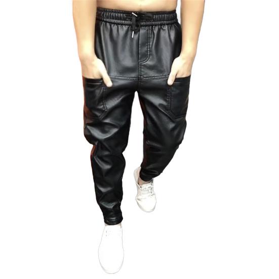 Men Faux Leather Pants with Pockets Stretchy Waist Solid Color Plus Size Waterproof Ankle-banded Motorcycle Style Spring Fall Club Trousers