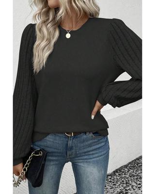 Black Contrast Ribbed Bishop Sleeve Top