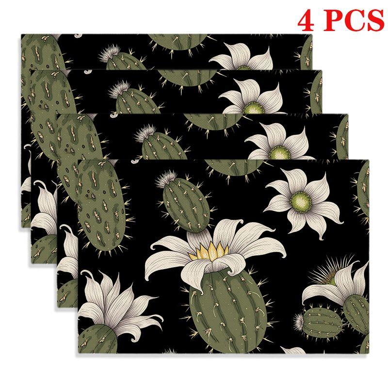 4pcs/6pcs Rectangular Placemats Suitable for Home & Restaurants - Vintage Black with Green Cactus & White Flower Wallpaper Table Mats, Seamless Heat-R